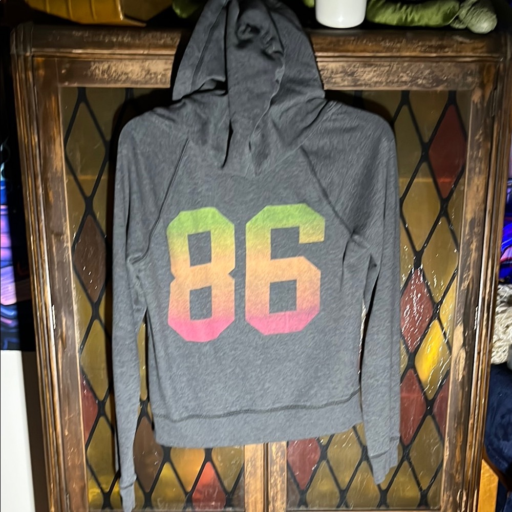 Victoria’s Secret Gray Zip-Up Hoodie w/PINK Logo on front, multicolor 86 on back - Picture 3 of 7